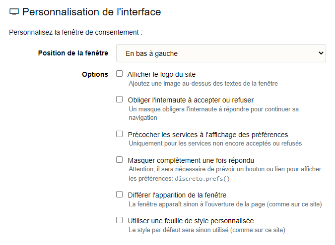 Discreto : personnalisation de la fenêtre de consentement